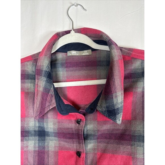 Lee Riders Women Shirt Pink  & Navy Blue Plaid Button Up Size 2X Preowned - Picture 14 of 14